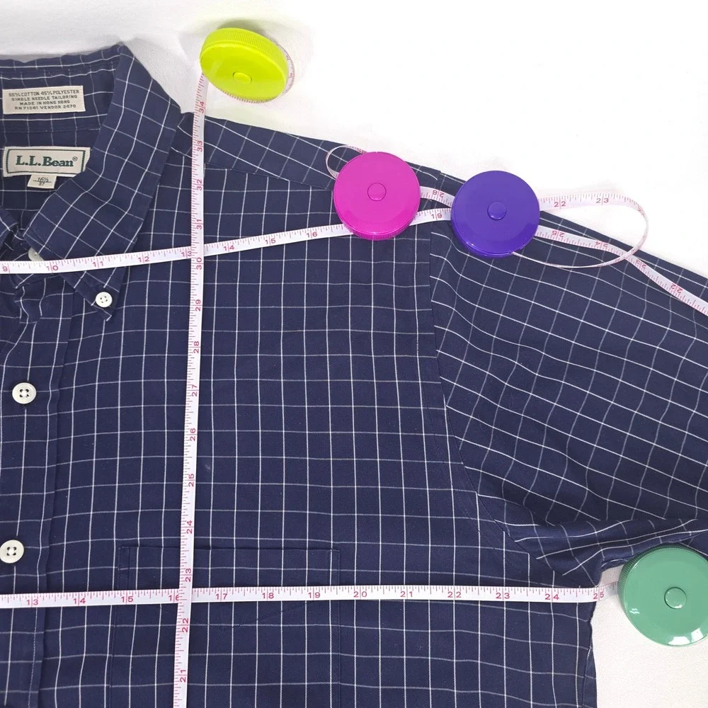 LL Bean Button Down Shirt Mens Large Navy Blue Check Long Sleeve Office Business - Picture 4 of 15